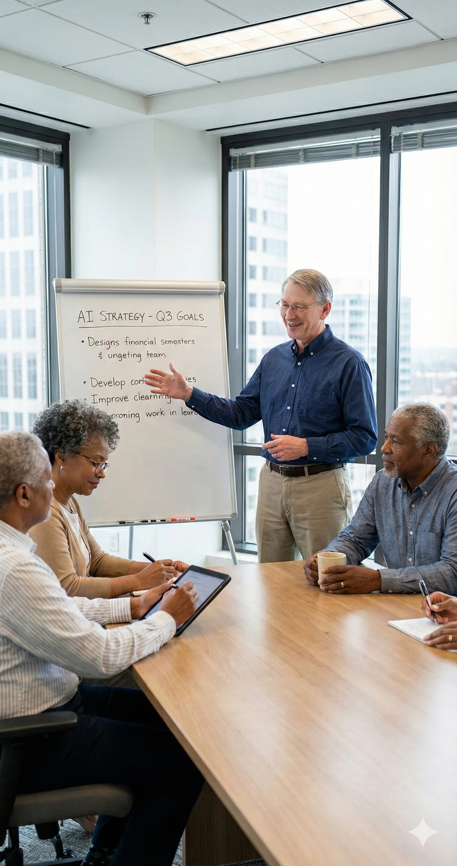 Collaborative leadership meeting discussing AI strategy